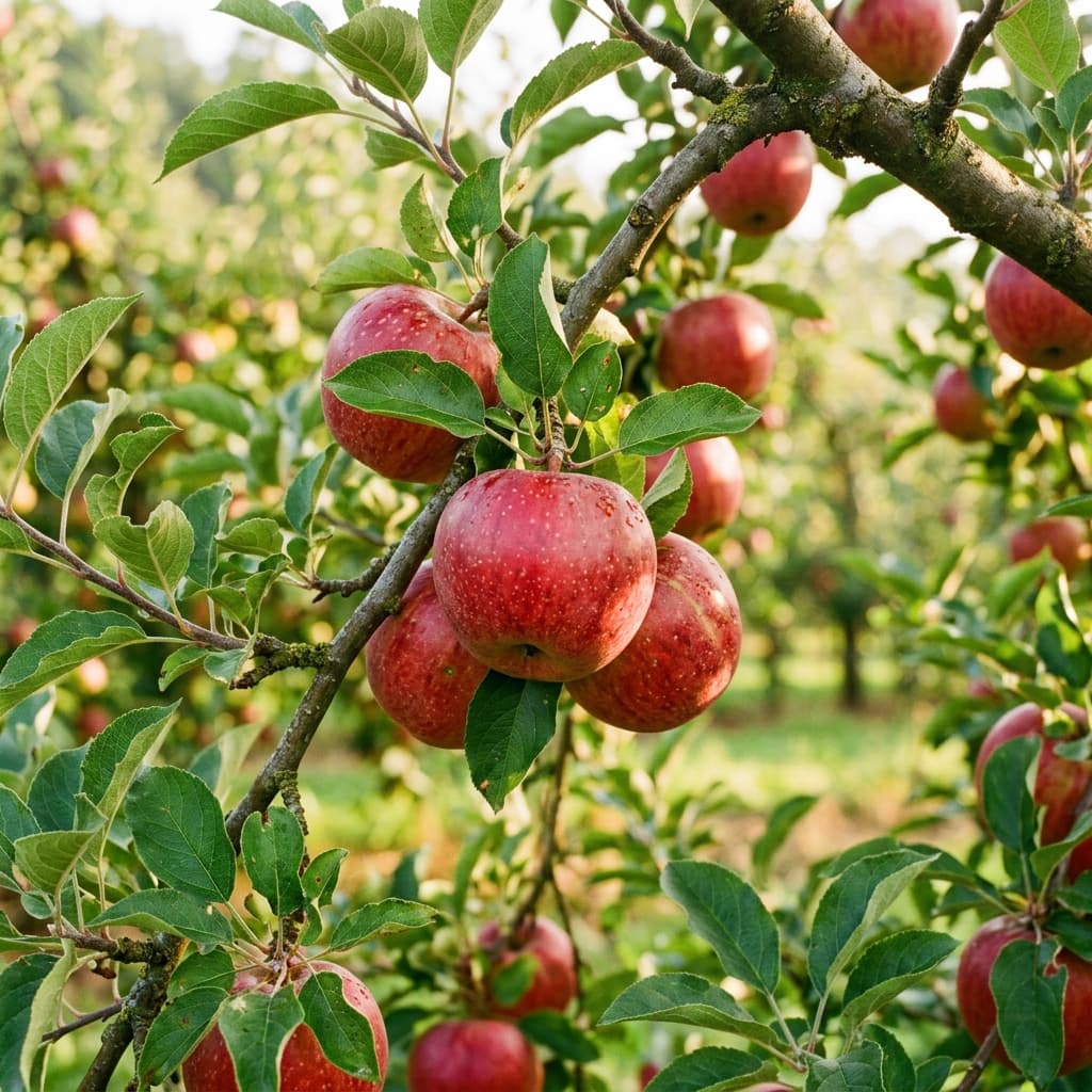 Morning light across Amber Grove orchard rows
