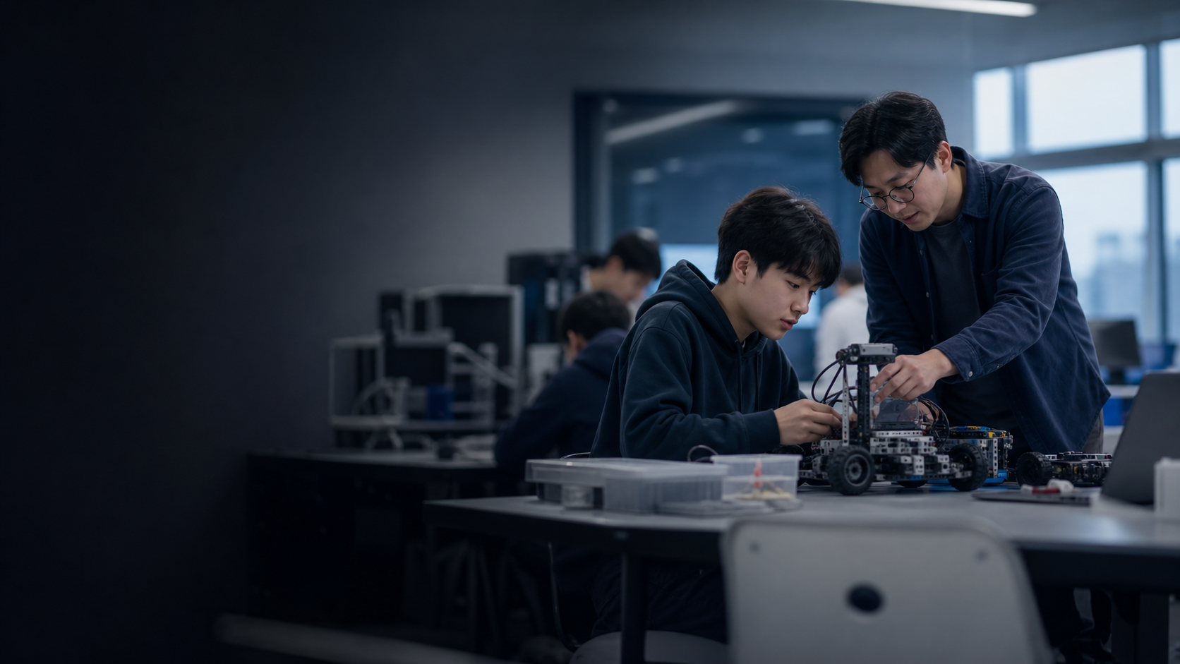 현대적인 기술 교육 공간에 앉아 있는 프로그램 참여자