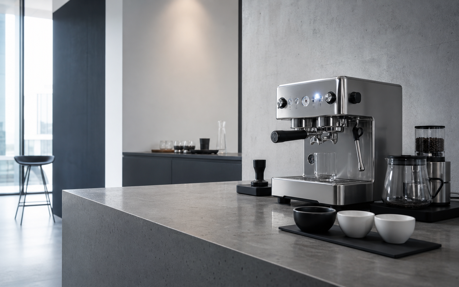 NOVA showroom tasting setup on a cool stone counter